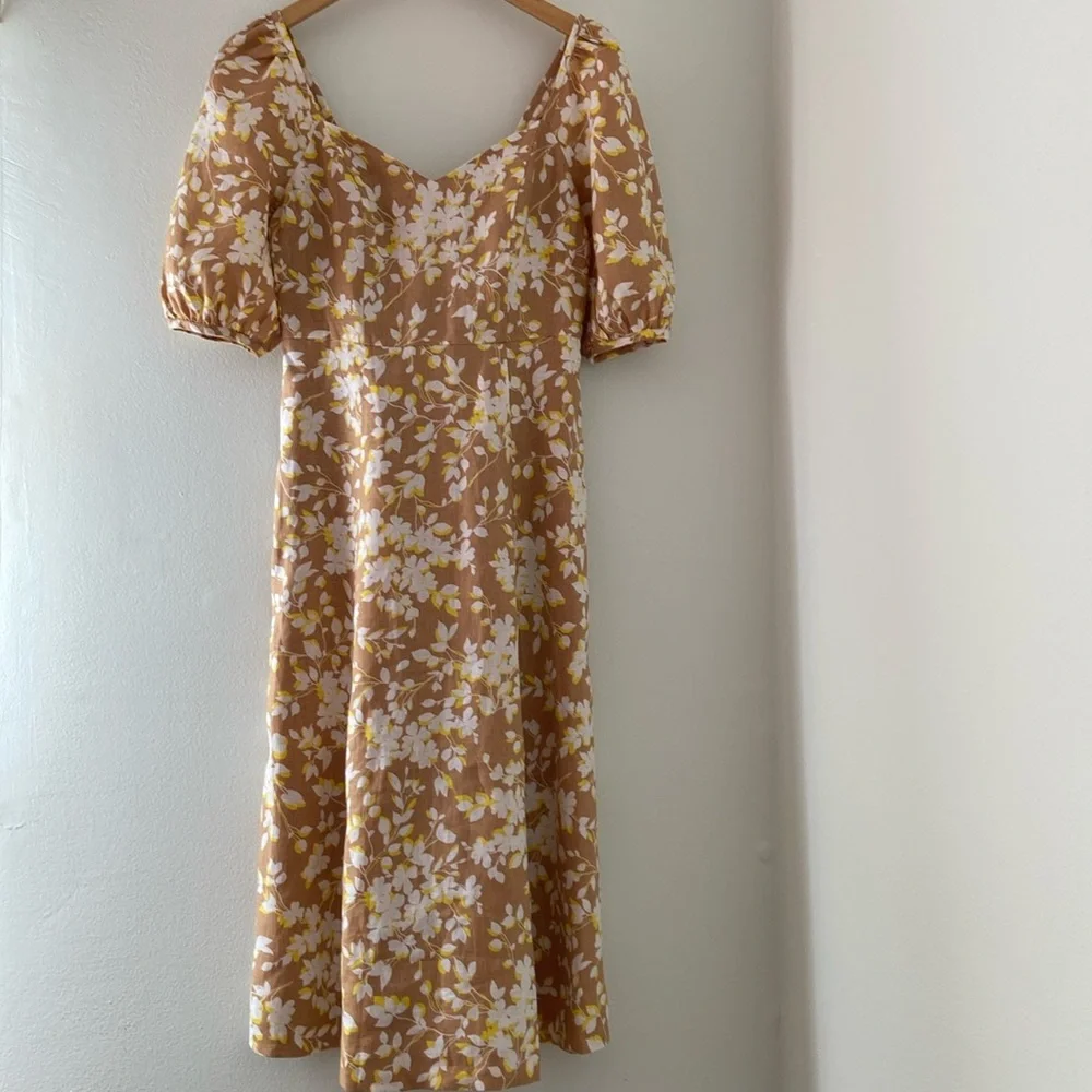 Draper James June Dress Shadow Floral Linen White Tan Yellow XS or 0 - Picture 3 of 17
